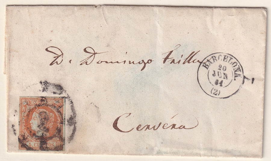 Spain 1861 Sc 50 cover Barcelona to Cervera