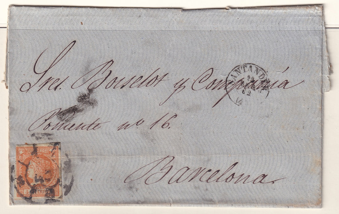 Spain 1862 Sc 50 folded letter Santander to Barcelona
