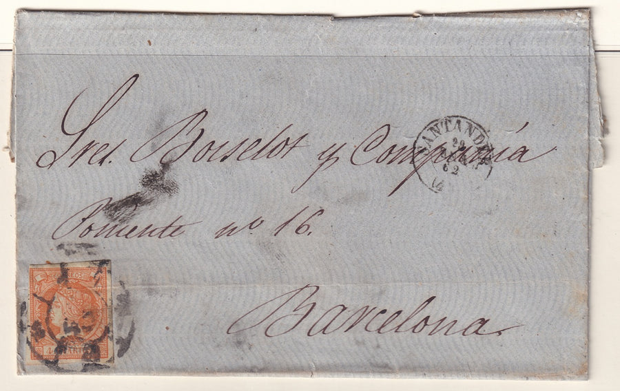 Spain 1862 Sc 50 folded letter Santander to Barcelona