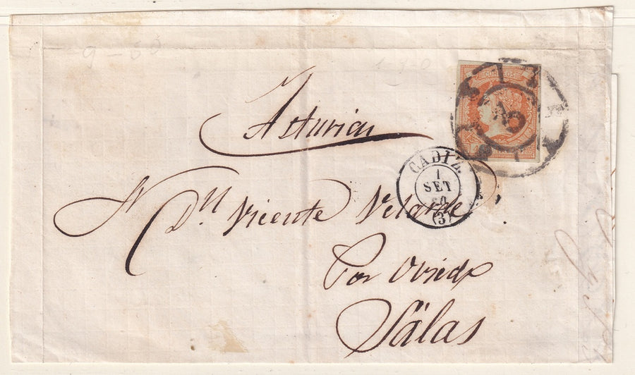 Spain 1860 Sc 50 letter front Cadiz to Salas (Asturias)