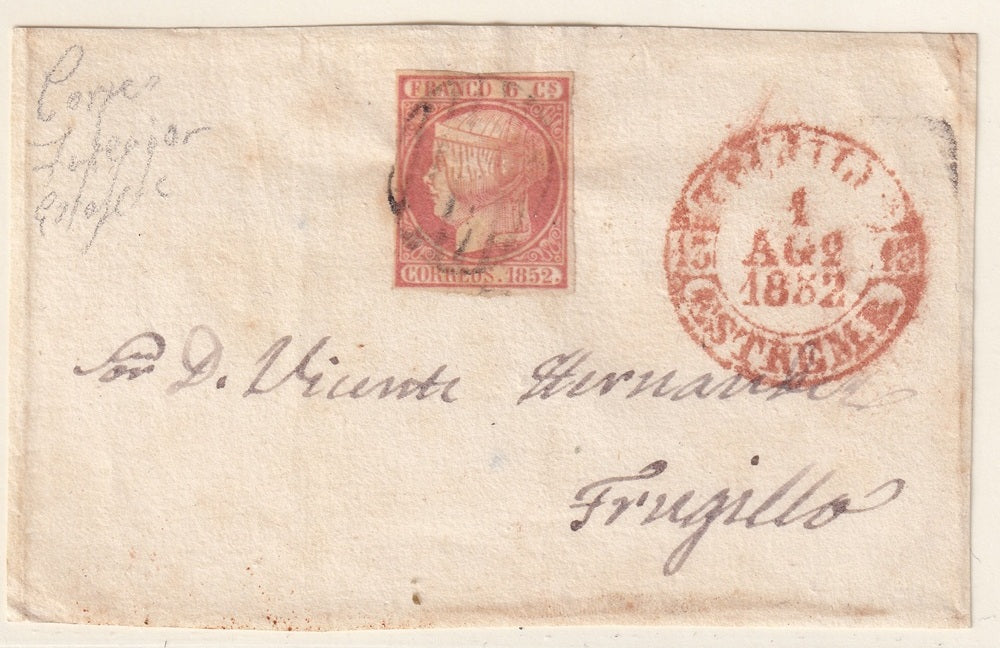 Spain 1852 Sc 12 letter front from/to Trujillo