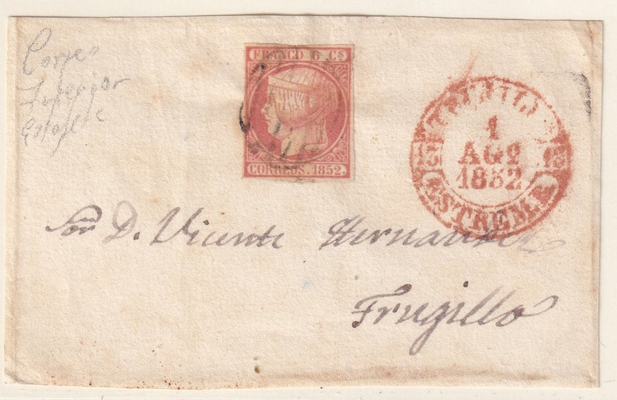 Spain 1852 Sc 12 letter front from/to Trujillo