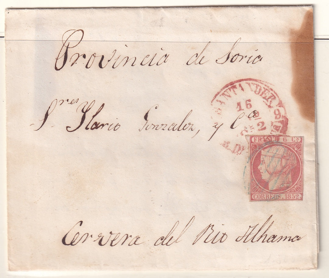 Spain 1852 Sc 12 folded letter from Santander to Cervera del Río Alhama