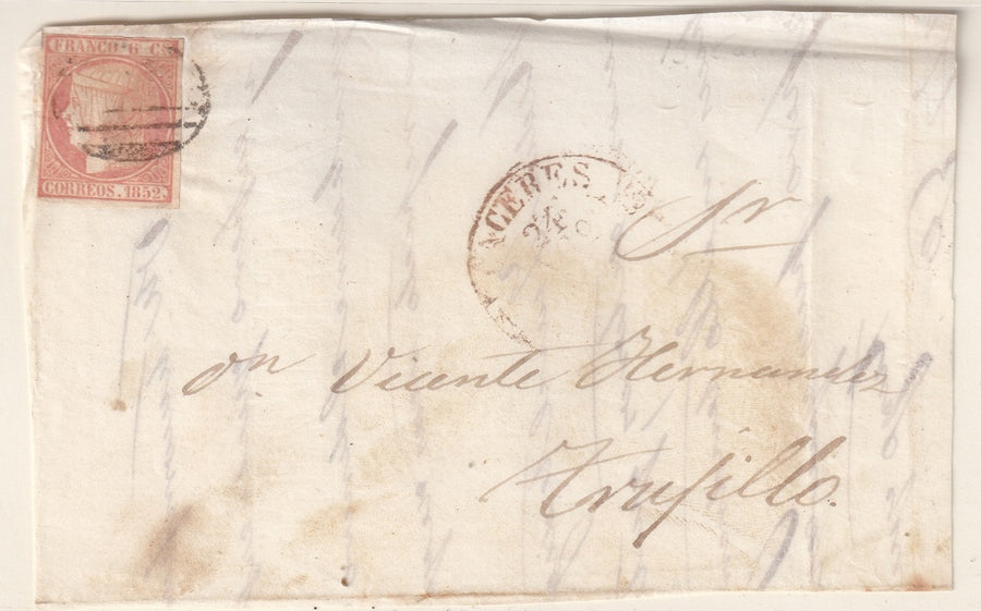 Spain 1852 Sc 12 letter front from Caceres to Trujillo