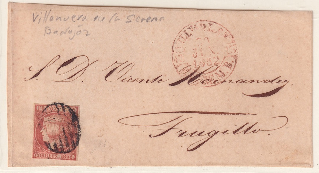 Spain 1852 Sc 12 letter front from Villanueva de la Serena to Trujillo