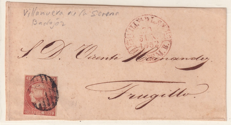 Spain 1852 Sc 12 letter front from Villanueva de la Serena to Trujillo