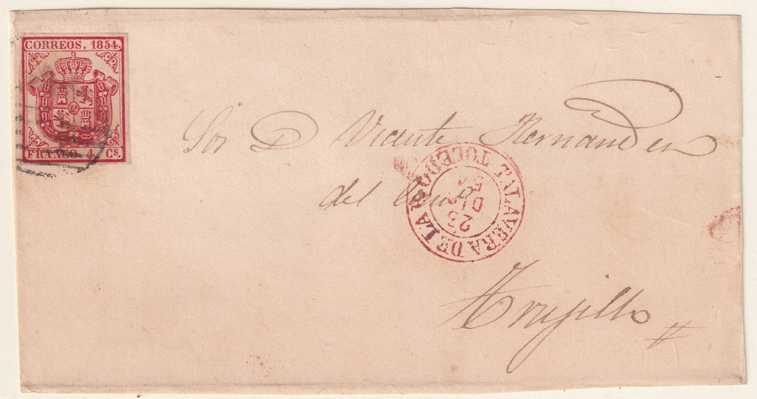 Spain 1854 Sc 25 letter front Talavera de la Reina to Trujillo