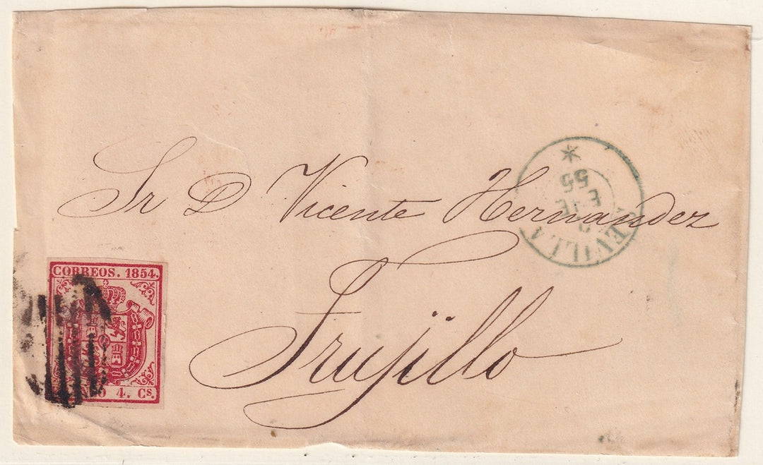 Spain 1855 Sc 25 letter front Sevilla to Trujillo