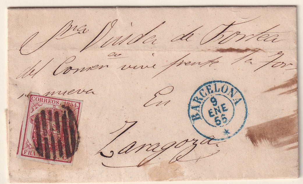 Spain 1855 Sc 32 folded letter Barcelona to Zaragoza