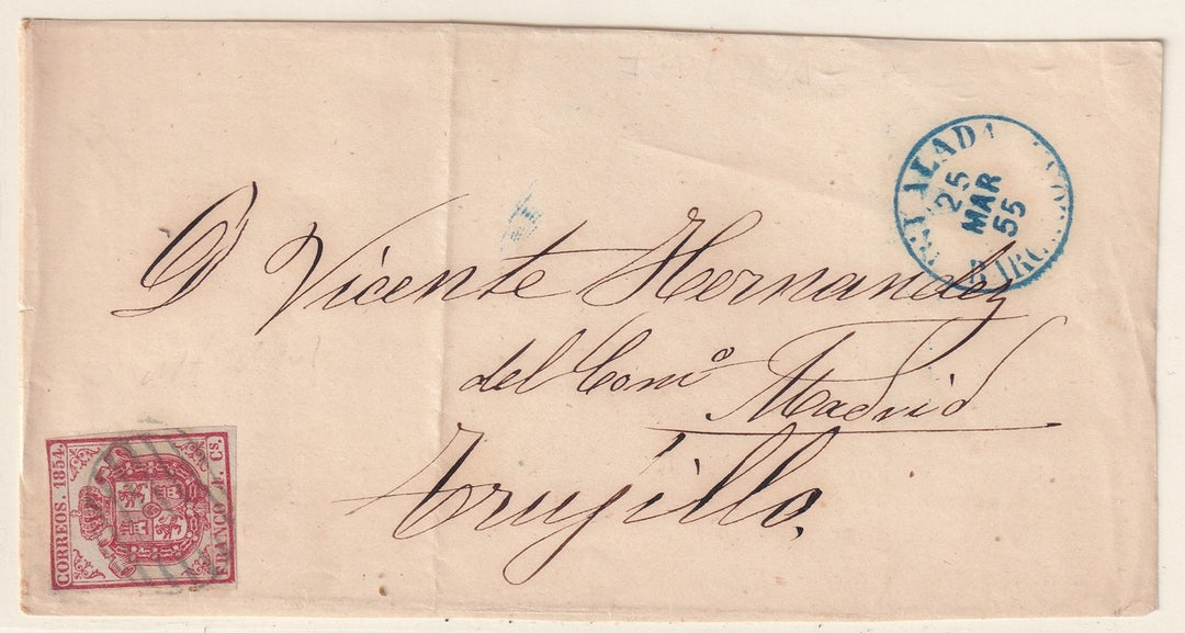 Spain 1855 Sc 32 letter front Barcelona to Trujillo