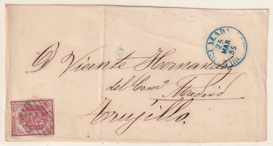 Spain 1855 Sc 32 letter front Barcelona to Trujillo