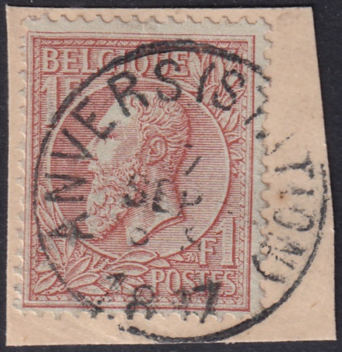 Belgium 1884 Sc 54 used "Anvers (Station)" cancel on piece