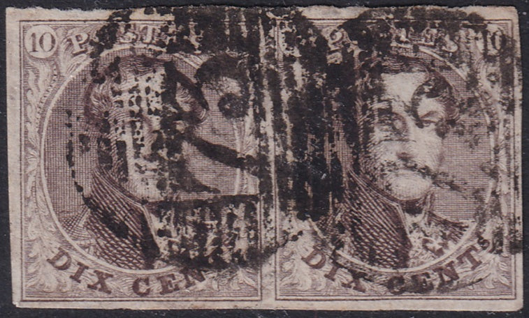 Belgium 1858 Sc 10b pair used "73" (Liege) bar cancel
