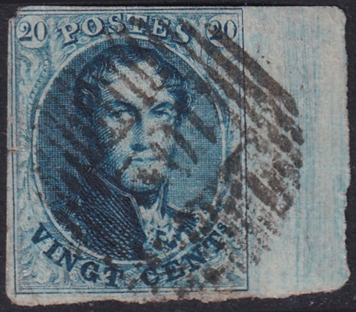 Belgium 1858 Sc 11b margin single used "102" (Lodelinsart) vertical bar cancel
