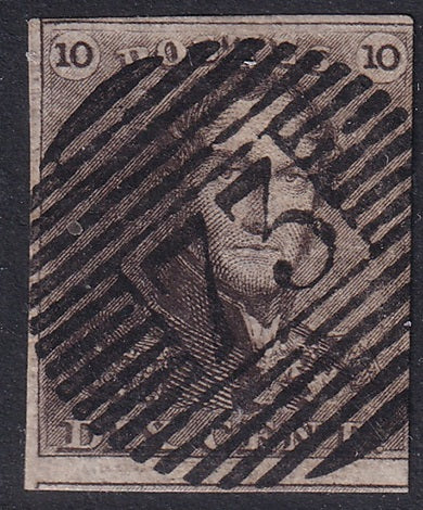 Belgium 1849 Sc 1 used "73" (Liege) bar cancel horizontal crease