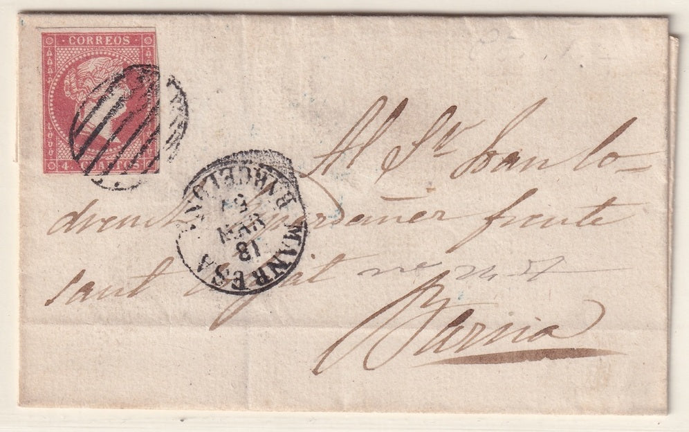 Spain 1857 Sc 45 folded letter Manresa to Barcelona with cancel strike error