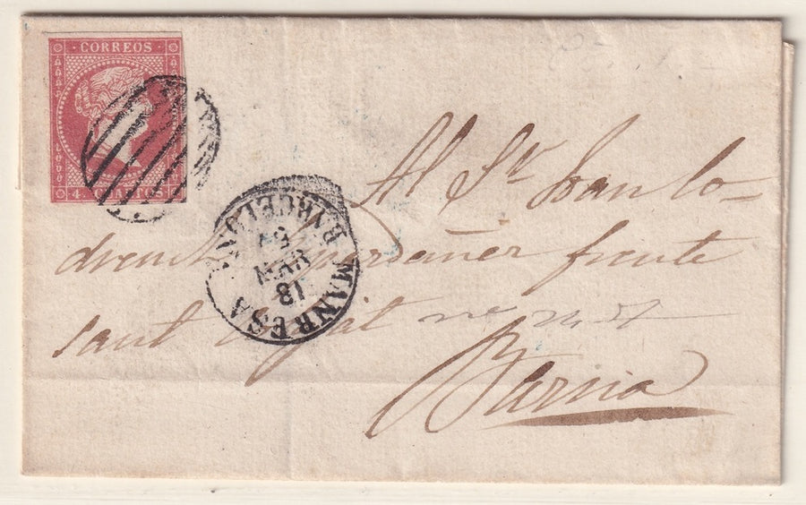 Spain 1857 Sc 45 folded letter Manresa to Barcelona with cancel strike error