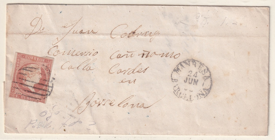 Spain 1858 Sc 45 folded letter Manresa to Barcelona