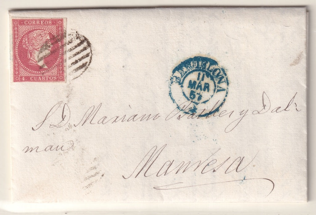 Spain 1857 Sc 45 folded letter Barcelona to Manresa