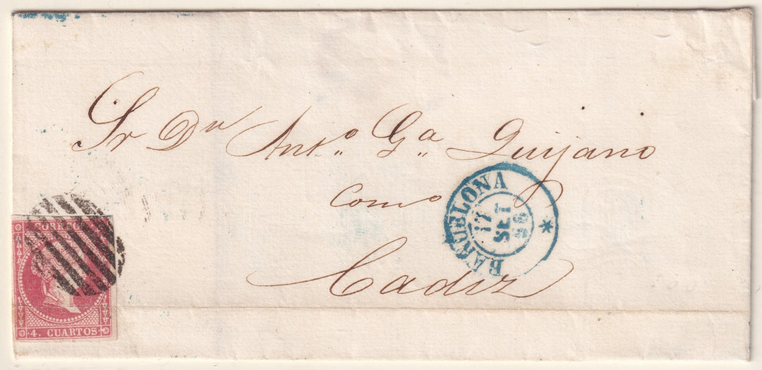 Spain 1856 Sc 45 folded letter Barcelona to Cadiz