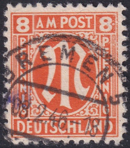 Germany 1945 Sc 3N6a AMG used "Bremen" cancel "marks around 8" variety