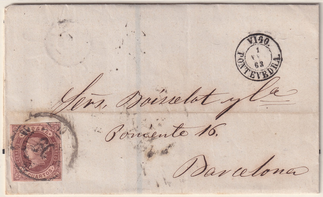 Spain 1863 Sc 56 folded letter Vigo to Barcelona