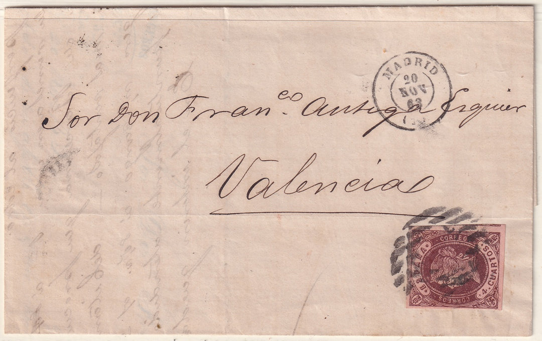 Spain 1863 Sc 56 folded letter Madrid to Valencia