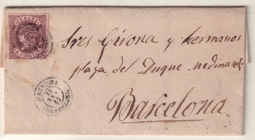 Spain 1863 Sc 56 folded letter Manresa to Barcelona