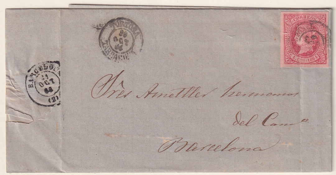 Spain 1864 Sc 62 folded letter Tortosa to Barcelona