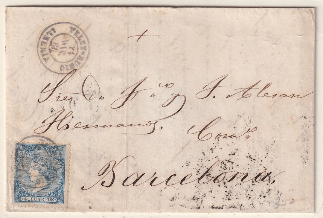 Spain 1866 Sc 82 folded letter Velez-Rubio to Barcelona