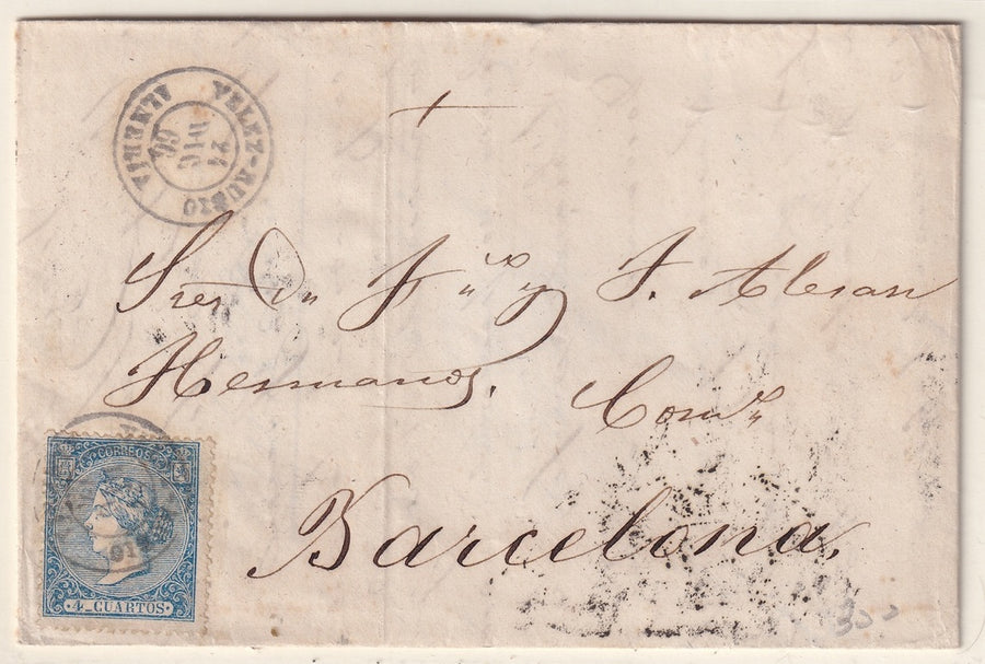 Spain 1866 Sc 82 folded letter Velez-Rubio to Barcelona