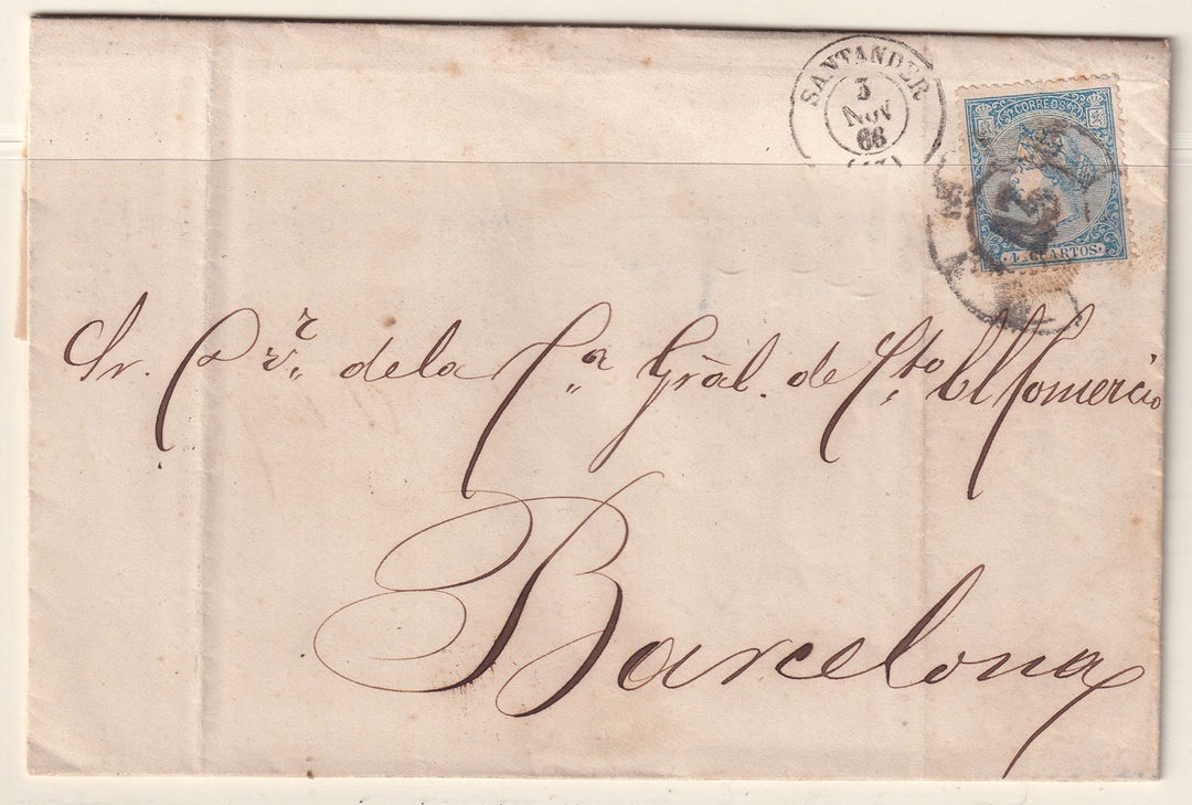 Spain 1866 Sc 82 folded letter Santander to Barcelona