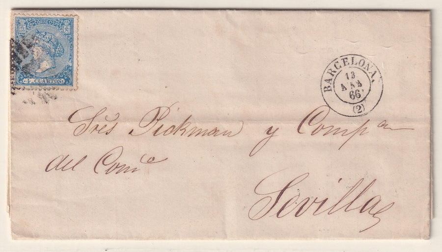 Spain 1866 Sc 82 folded letter Barcelona to Sevilla