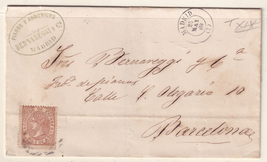 Spain 1868 Sc 97 folded letter Vigo to Barcelona