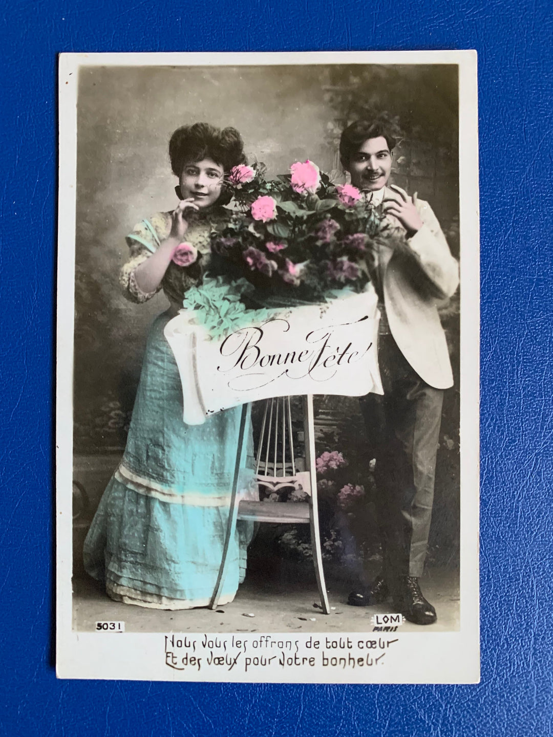 Vintage/Antique French Birthday Postcard - Unused - Colourized Black & White Photo Couple and flowers