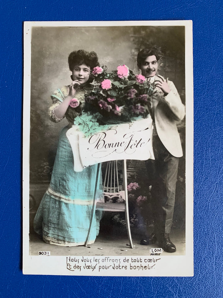 Vintage/Antique French Birthday Postcard - Unused - Colourized Black & White Photo Couple and flowers