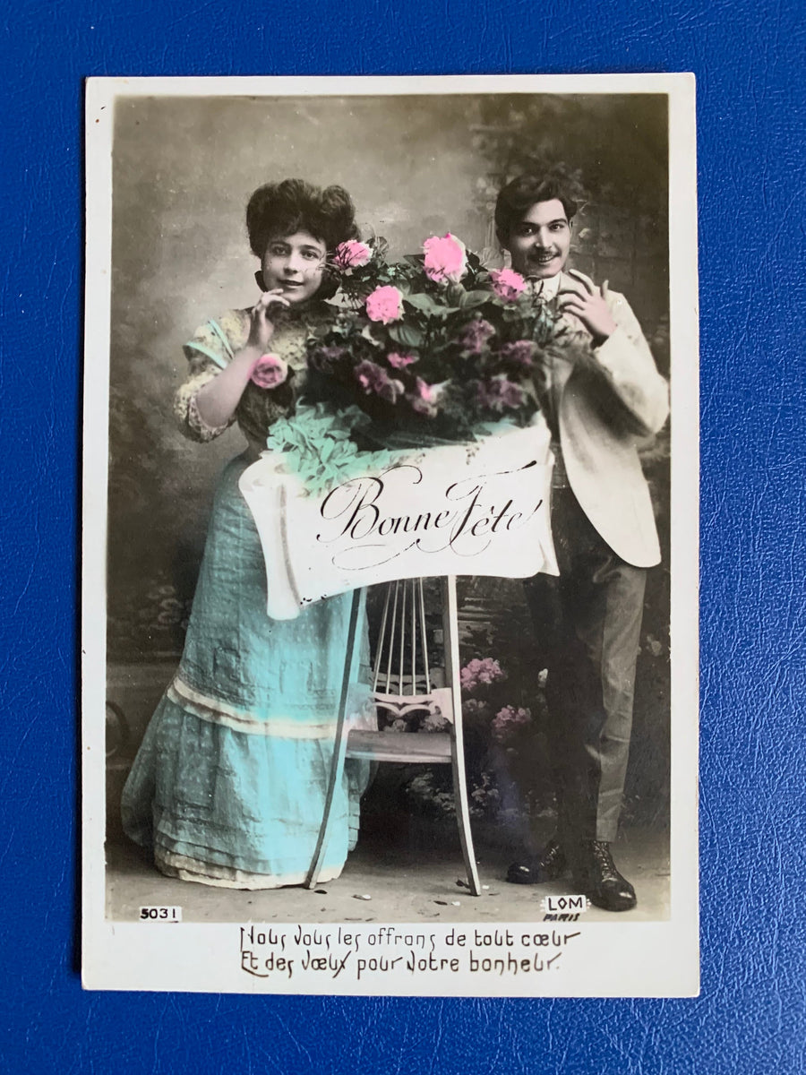 Vintage/Antique French Birthday Postcard - Unused - Colourized Black & White Photo Couple and flowers