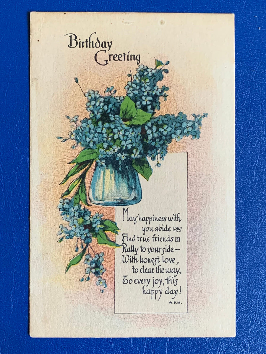 Vintage/Antique Birthday Greeting Postcard - Unused - Blue Floral Design and Poem