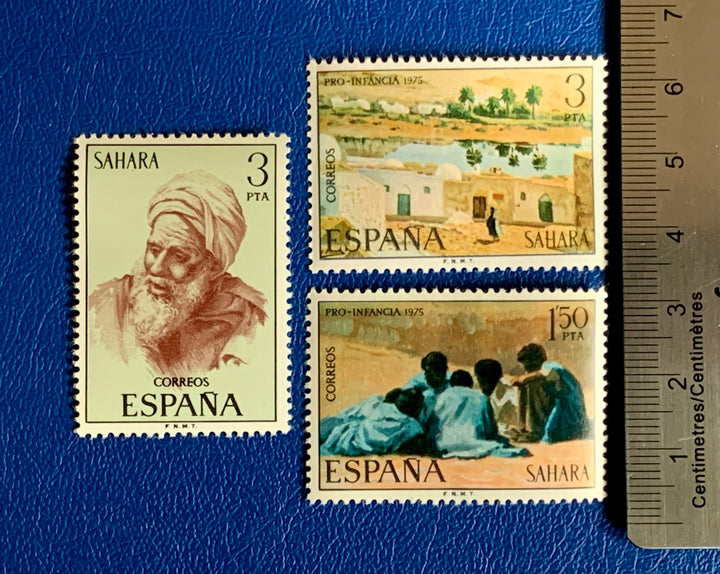 Sp. Sahara - Original Vintage Postage Stamps - 1975 - Paintings: Indigenous Man, Townscape, People - for the collector or crafter