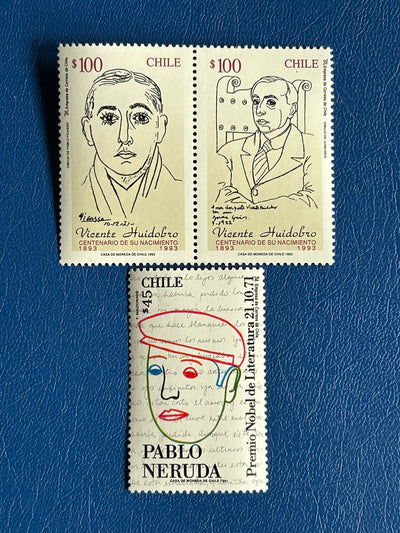 Chile - Original Vintage Postage Stamps- 1991/93 - Poets Neruda & Huidobro - for the collector, artist or crafter