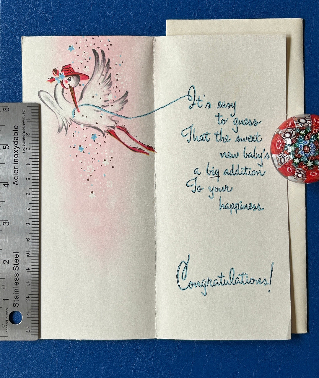 Vintage Baby Congratulations Card - New Old Stock - Unused with Envelope- stork unisex