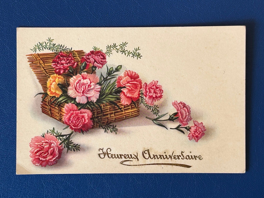 Birthday - French Vintage/Antique Birthday Greeting Postcard - Unused - Early 1900s - Floral basket