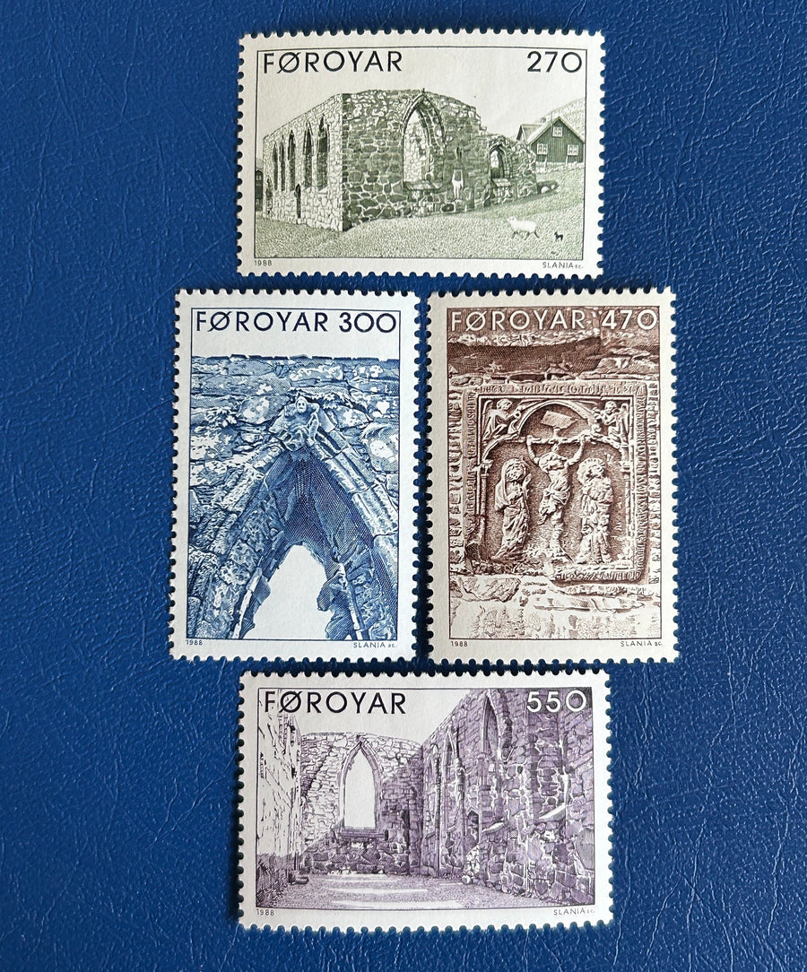 Faroe Islands- Original Vintage Postage Stamps- 1988 - Church Ruin Kirkjubour - for the collector, artist or crafter