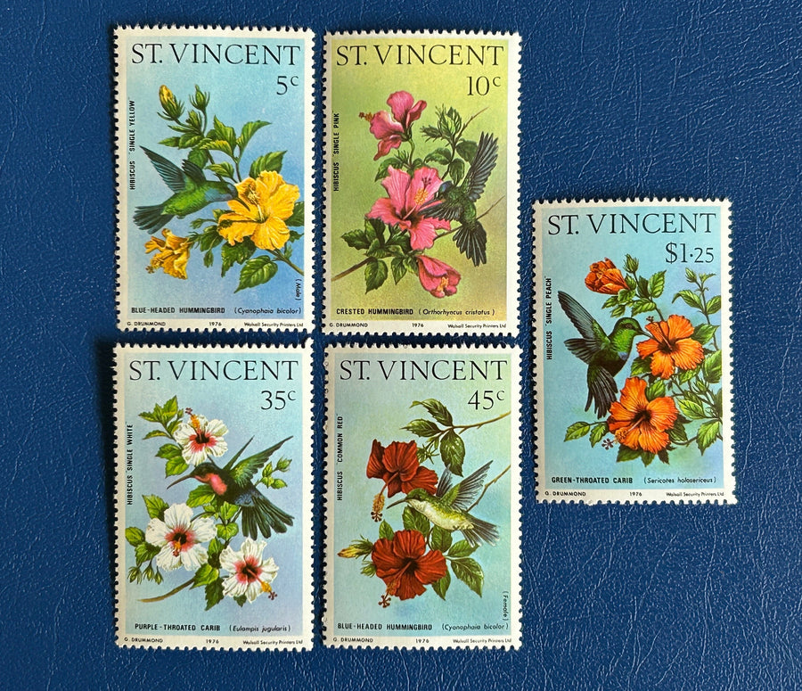 St. Vincent - Original Vintage Postage Stamps - 1976 - Hummingbirds & Hibiscus - for the collector, artist or crafter