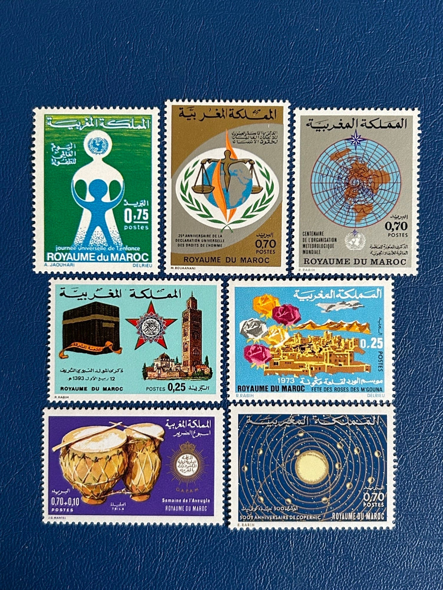 Morocco - Original Vintage Postage Stamps- 1973 - Meteorology, Copernicus, Roses Fair, Prophet’s Birthday, Blind Week