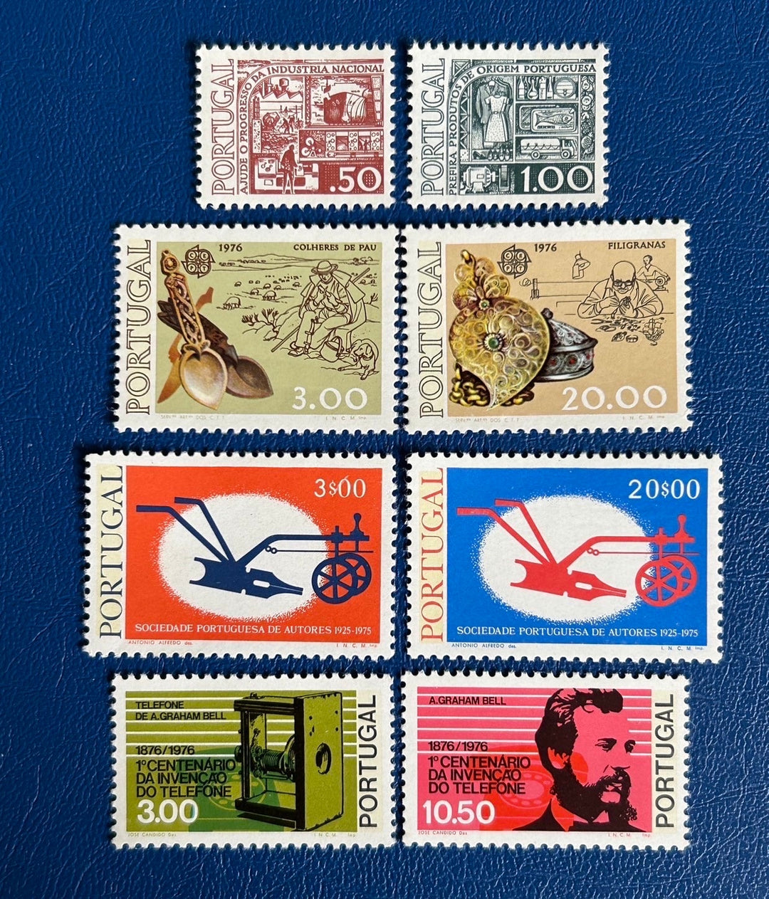 Portugal - Original Vintage Postage Stamps- 1976 - Handicrafts, Society of Writers, Centenary First Phone Call, National Production