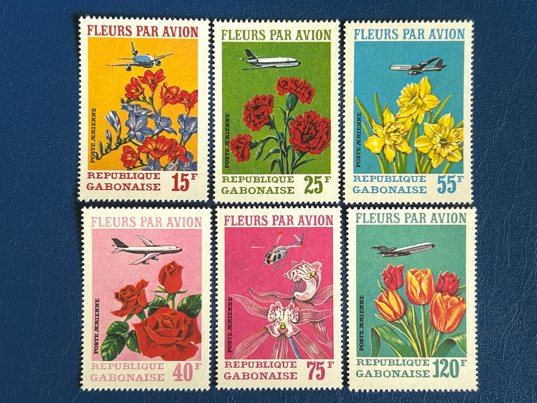 Gabon - Original Vintage Postage Stamps- 1970 Flowers and Planes - for the collector, artist or crafter