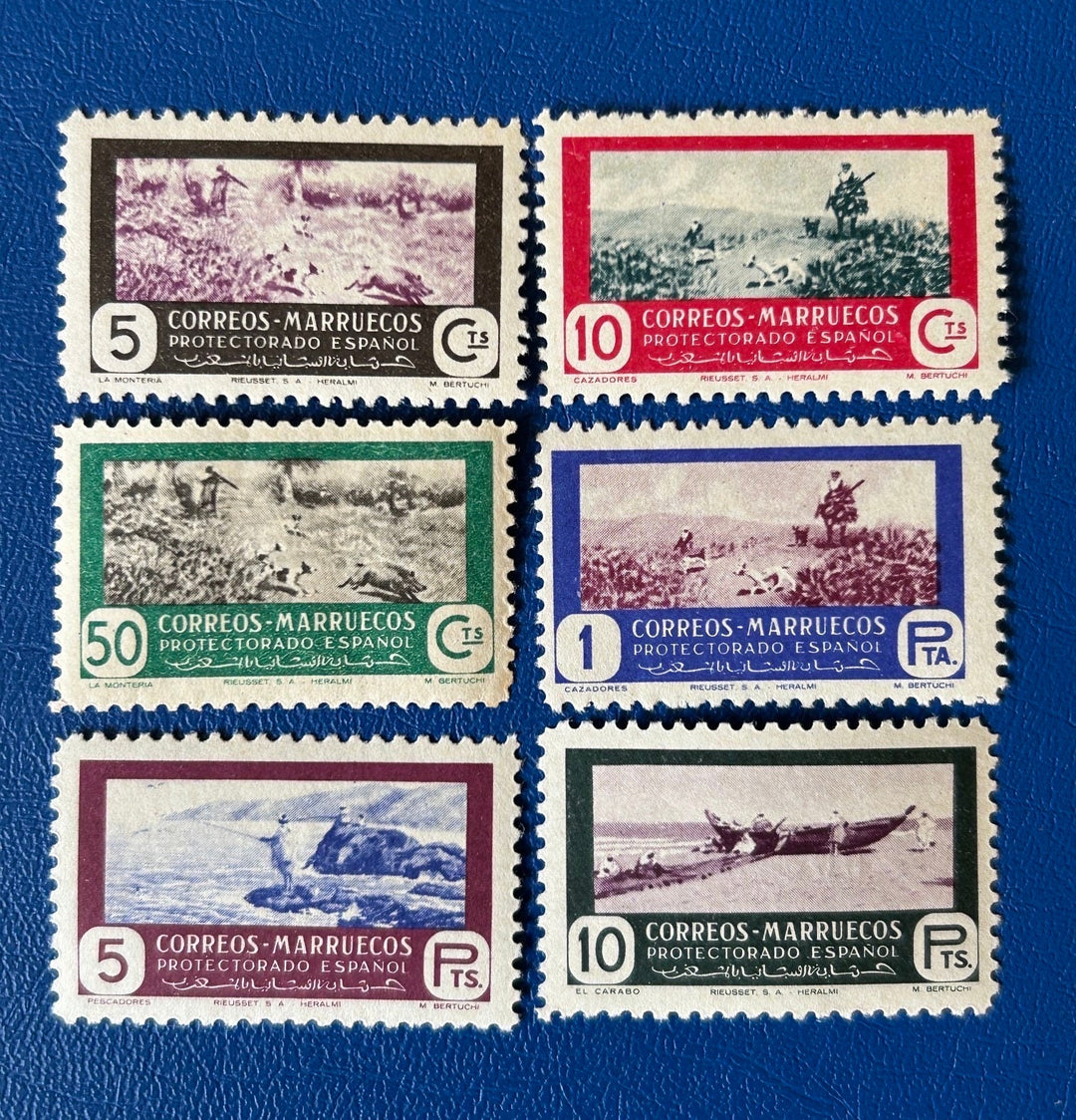 Sp. Morocco - Original Vintage Postage Stamps- 1950 - Hunting & Fishing - for the collector or crafter