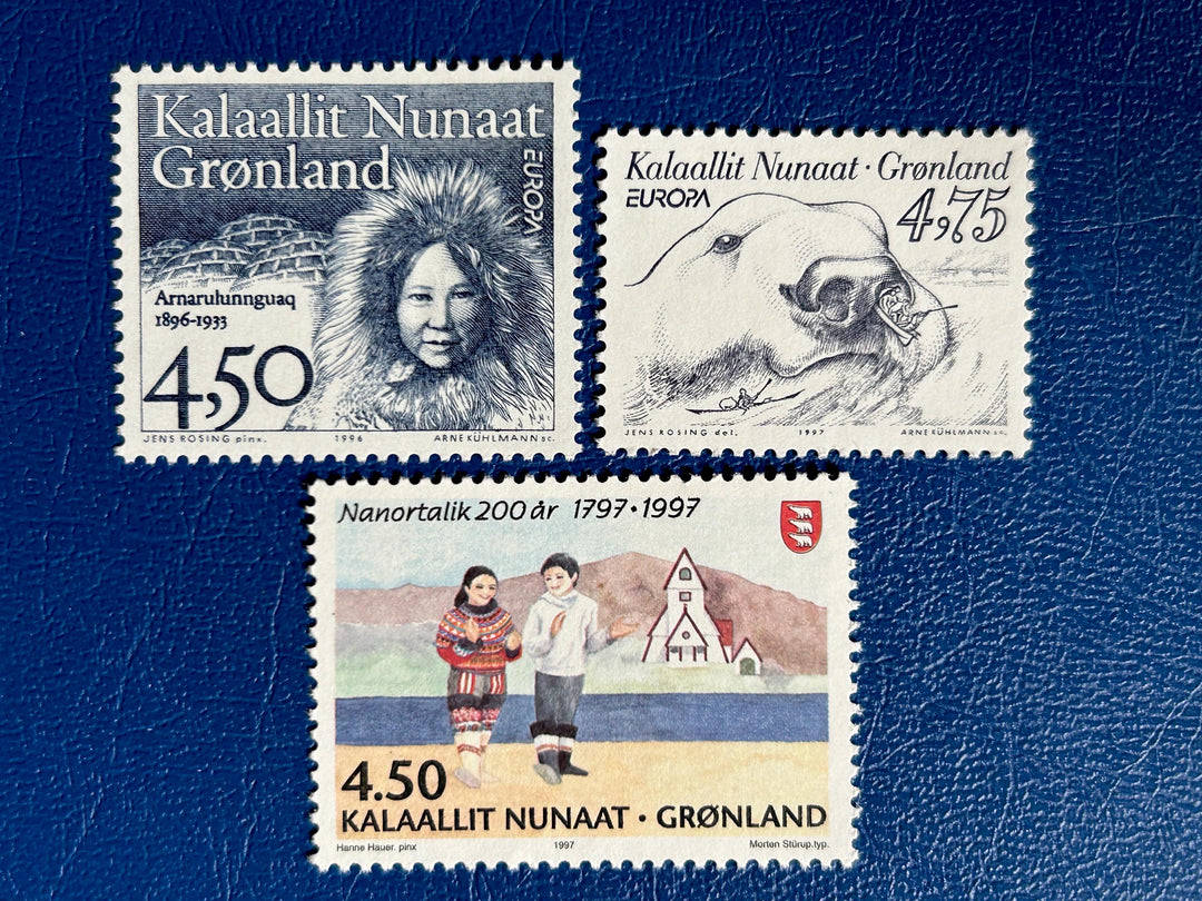 Greenland - Original Vintage Postage Stamps- 1996-97 - Famous Women, Polar Bear, Nanortelik 200 Years - for the collector, artist or crafter