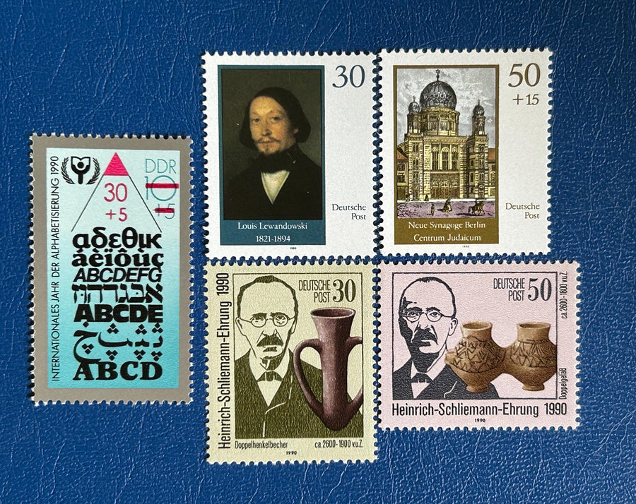 Germany (DDR) - Original Vintage Postage Stamps - 1990 - Berlin New Synagogue, Herman Schliemann, Literacy - stamp collecting